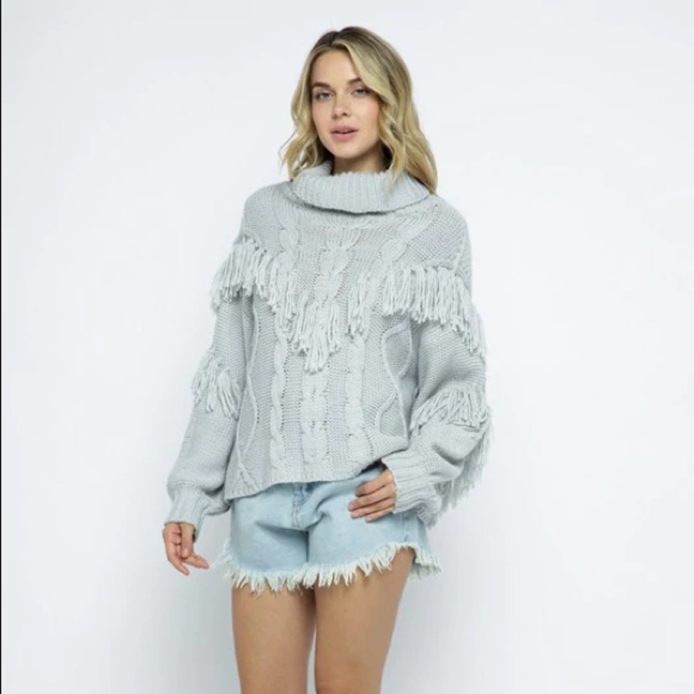 Grey Tasseled Turtleneck Sweater